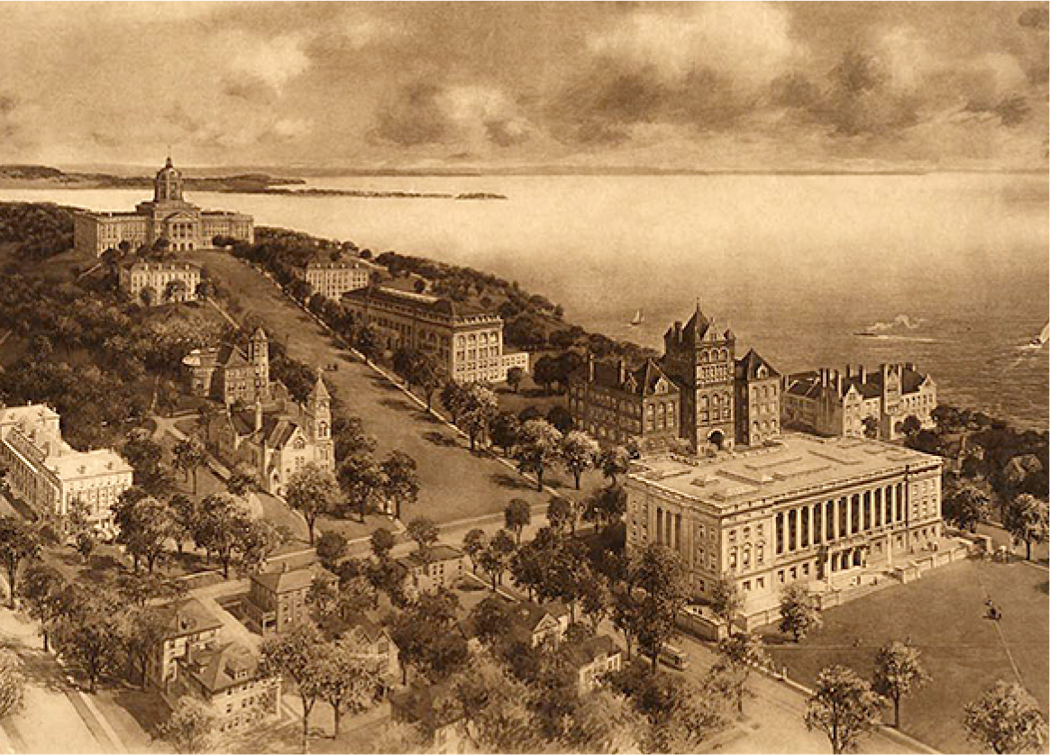 a sepia toned photo showing UW madison campus with Lake Mendota behind it