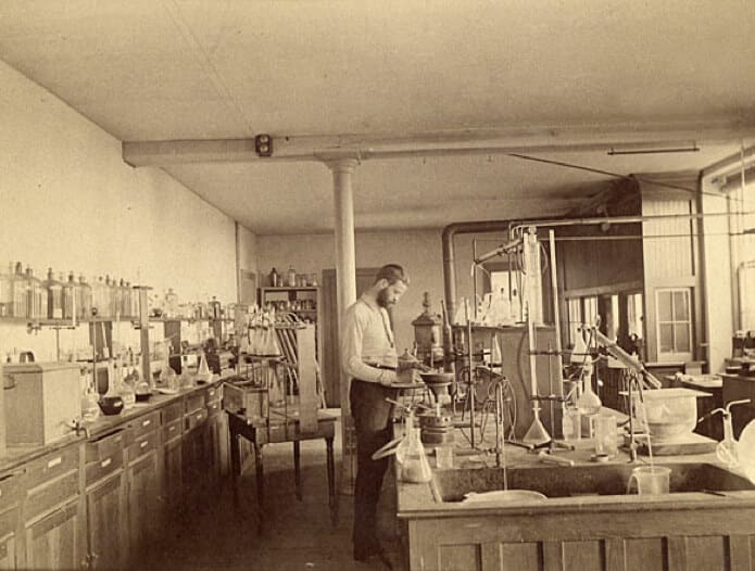 Chemistry lab where early butter fat testing occurred, roughly 1885.