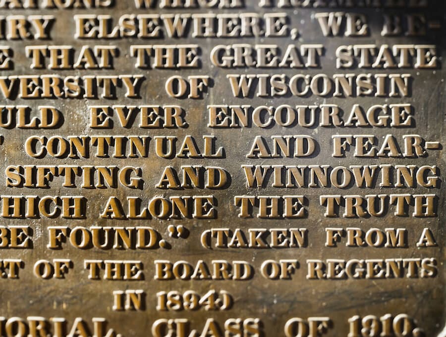 Sifting and Winnowing plaque at the entrance of Bascom Hall