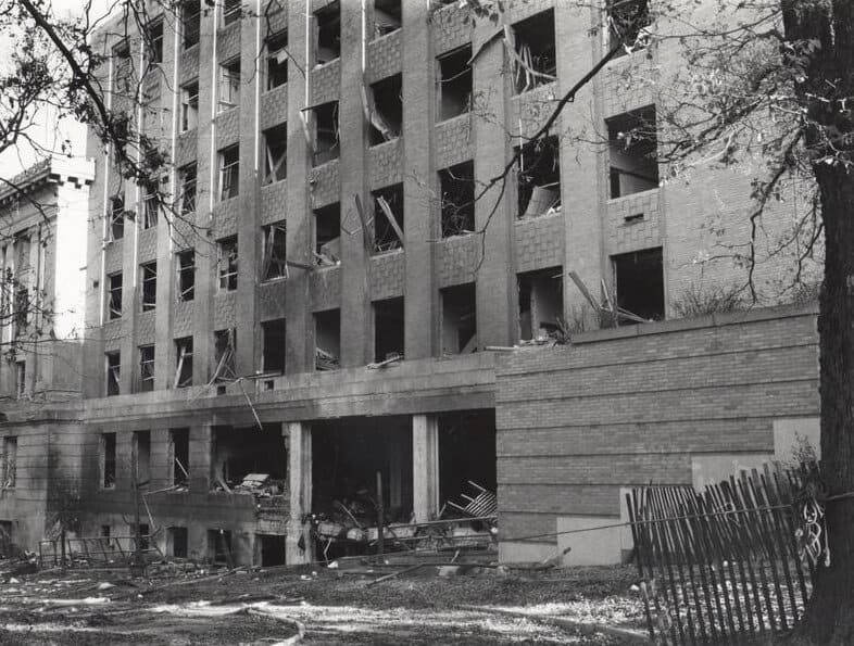 Black and white image of a bombed out Sterling Hall