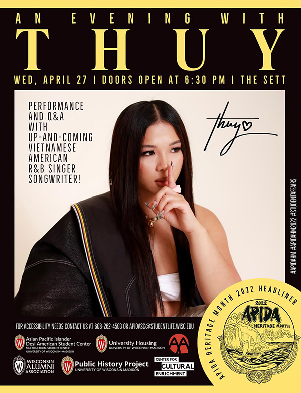 Poster: APIDA Heritage Month 2022 Headliner - An Evening with Thuy. Wednesday, April 27, 2022 at 7 p.m.