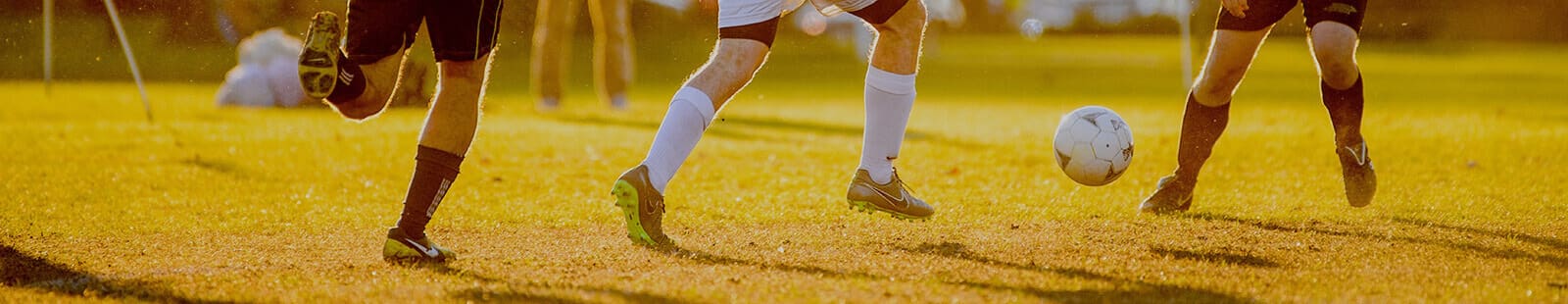 Feet, legs, and a soccer ball being kicked around on a green soccer field.