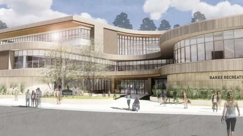 An architectural drawing shows what the entrance of the Bakke Center is expected to look like.