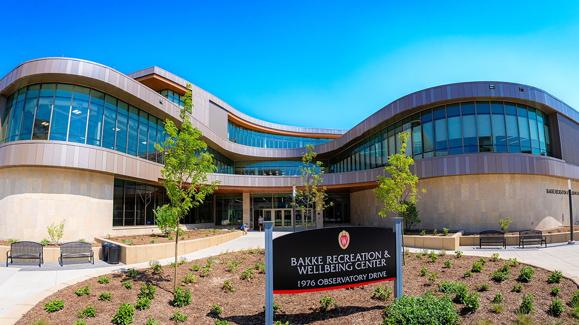 The exterior of the Bakke Recreation and Wellbeing Center.