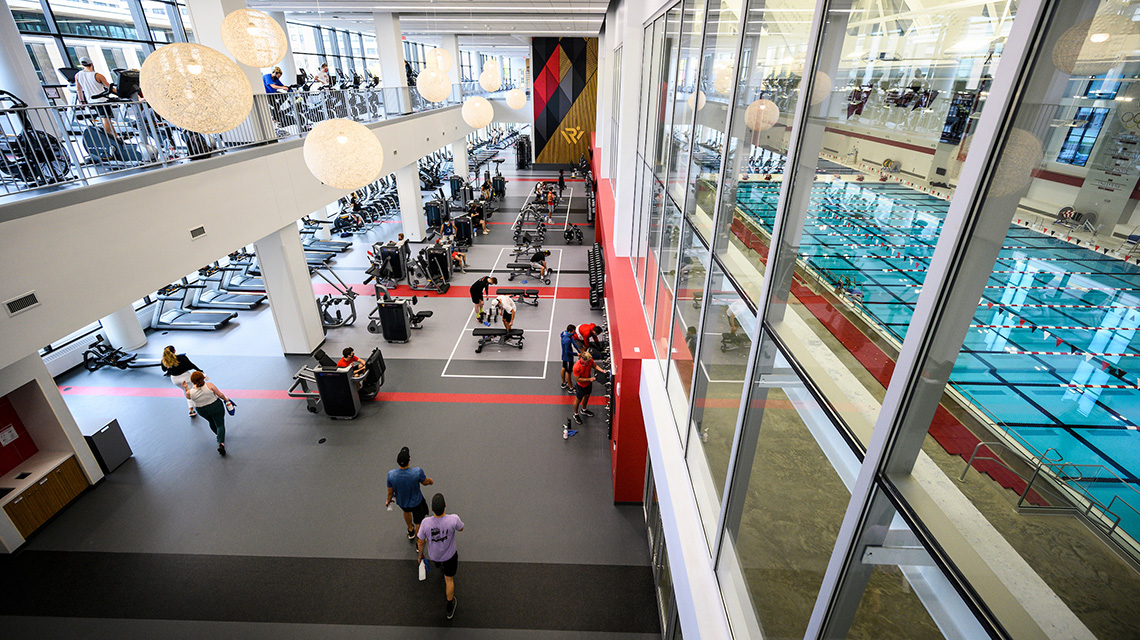The Nicholas Recreation Center is shown with workout areas on one side and the lap pool on the other.
