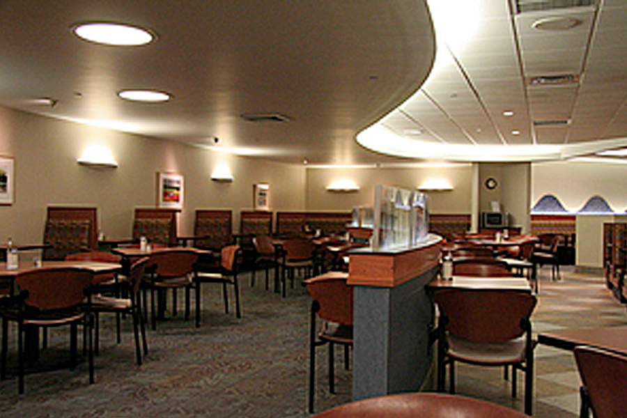 Open cafeteria with tables and seating.