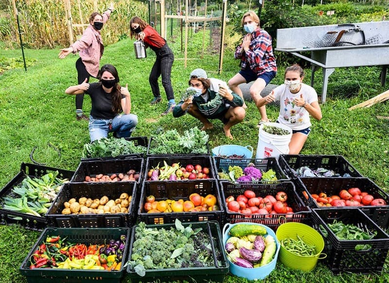 Six students pose next to hundreds of pounds of fresh produce harvested from the Eagle Heights Community Garden.