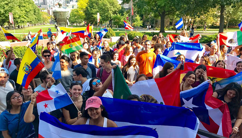 A large group of students gather for the annual march on Bascom for the kickoff of Latinx Heritage Month.