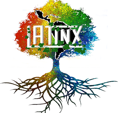 Colorful illustration of a tree with prominent roots and silhouettes of Mexico, Cuba, Central and South America