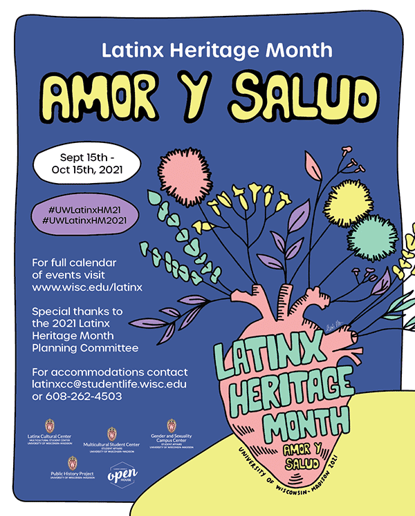 Poster: Latinx Heritage Month, Amor y Salud, Sept. 15th–Oct. 15th, 2021