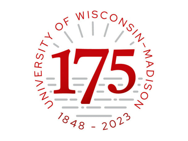 A graphic element with the number 175 in large characters ringed with the words "University of Wisconsin–Madison 1848-2023"