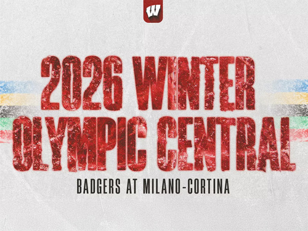 UW-branded graphic with the words '2026 Winter Olympic Central: Badgers at Milano-Cortina'.