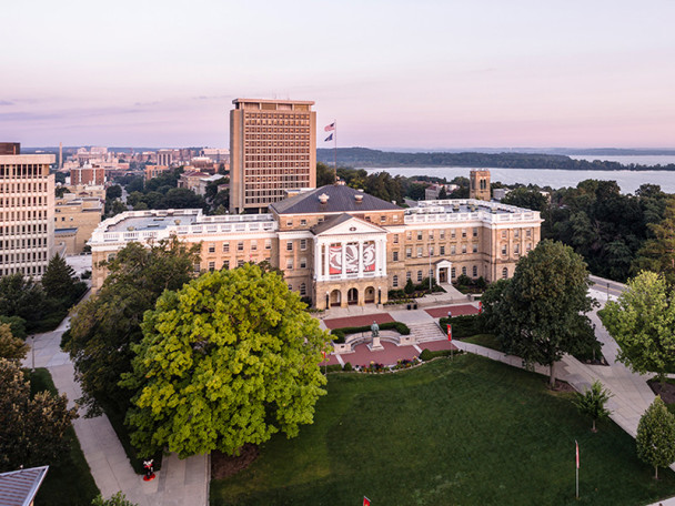 An aerial view of UW-Madison focused on Bascom Hall.