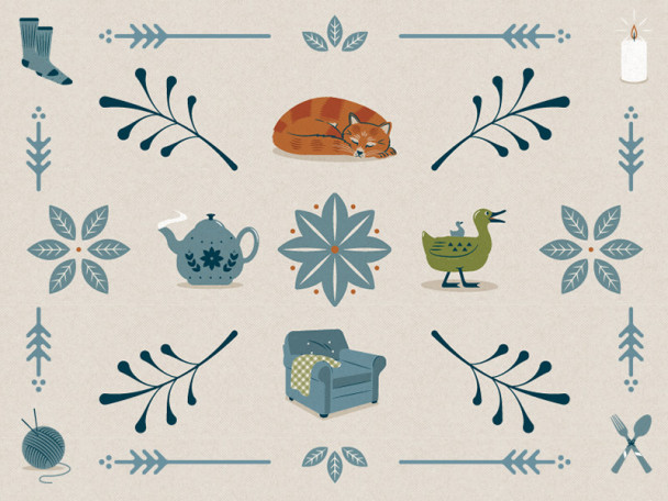 A stylized illustration featuring cozy elements associated with hygge, including a candle, warm socks, a teapot, a sleeping cat, a duck, a comfortable armchair with a blanket, yarn and knitting needles, a floral motif, and dining utensils, all arranged on a warm beige background.