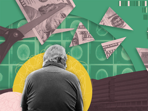 Photo illustration showing large scissors cutting a hundred dollar bill into little pieces. In the foreground, the back of an elderly person is visible.