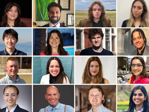 A composite image shows headshots of 16 notable grads in four rows of four.