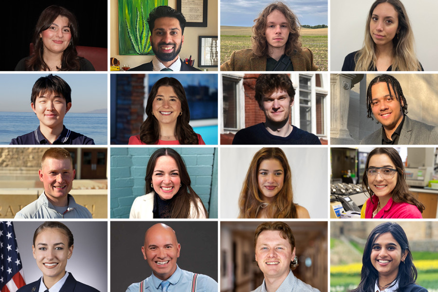 A composite image shows headshots of 16 notable grads in four rows of four.