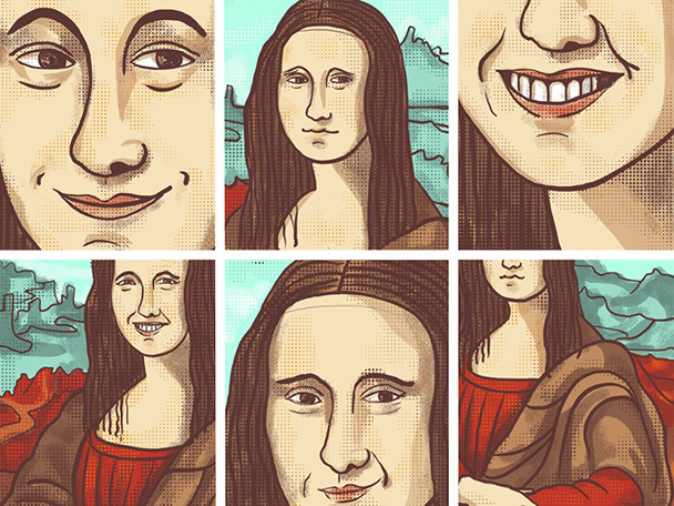 Comic-style, 8-panel illustration of Mona Lisa caricatures with different types of smiles