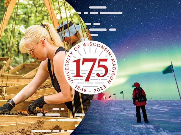 A graphic combining two photos with the UW 175 logo. The photos show a woman sifting through soil from a dig site, and a person dressed in cold weather gear walking at night in Antarctica under a stunning night sky.
