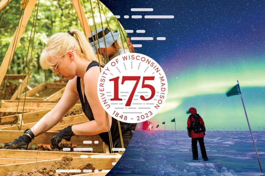 A graphic combining two photos with the UW 175 logo. The photos show a woman sifting through soil from a dig site, and a person dressed in cold weather gear walking at night in Antarctica under a stunning night sky.