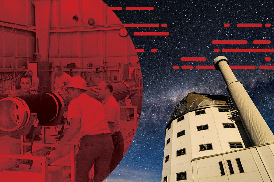 In this artist's rendering, a black and white photo from the 1960s shows men pushing a large telescope across a warehouse floor. It's tinted red and juxtaposed with a full color photo of the SALT telescope against a starry sky. Red dashes across the image add a sense of motion.