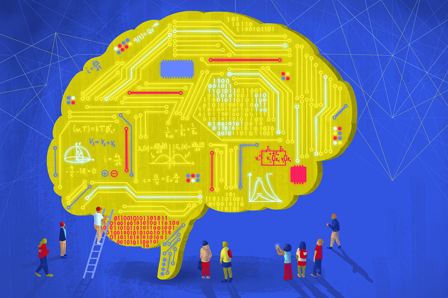 Illustration of a large yellow brain-shaped circuit board covered with mathematical equations, binary code, and electronic diagrams, surrounded by small people observing and interacting with it.