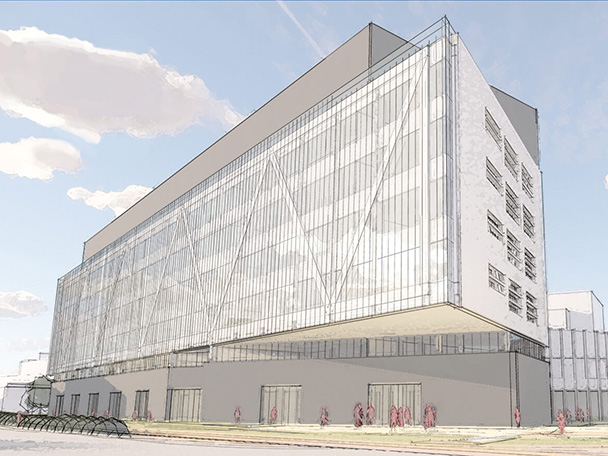 Artist's rendering of a large, angular building with a pointed overhang and one side of full windows.