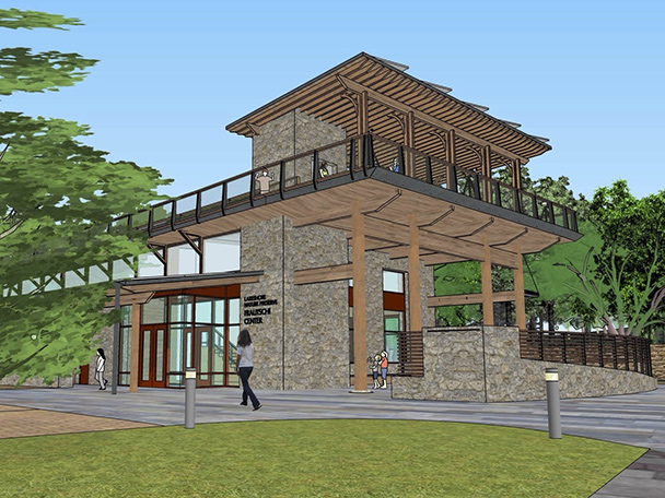 An illustration of a two-story stone and wood building set at the entrance to a hiking trail.