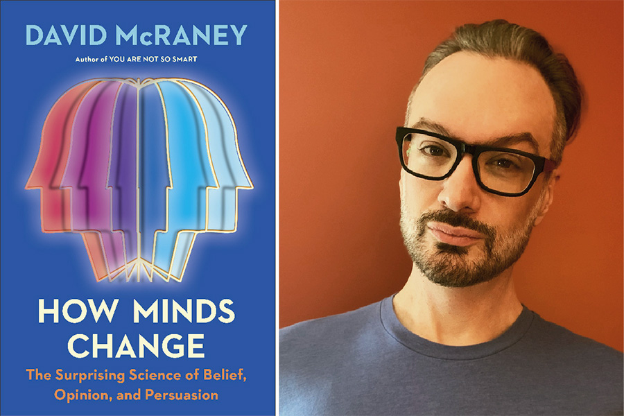 Book Cover: "How Minds Change", with a headshot of author David McRaney adjacent to it.