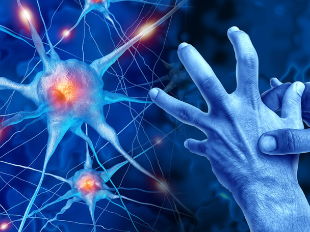 Illustration of nerve cells and hands in pain