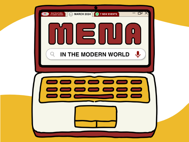 Cartoon-style illustration of a red and yellow laptop with the words MENA in the Modern World on the screen.