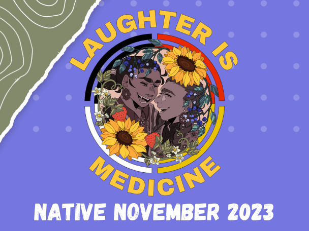 Colorful illustration of two indigenous people, one Navajo and the other Ojibwe, happy and laughing, surrounded by flowers and fruit.