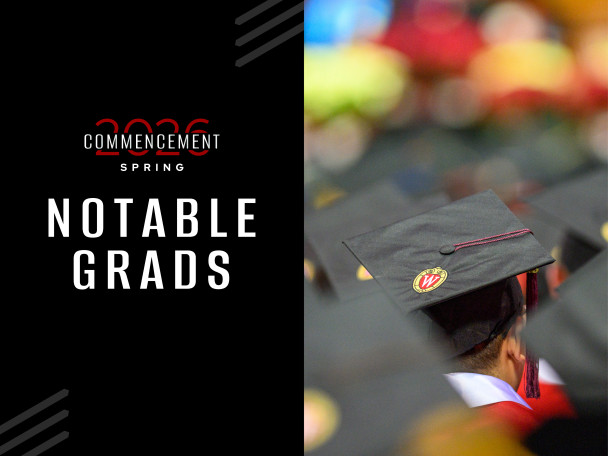 Promotional graphic for Spring 2026 Commencement featuring the text 'Notable Grads' alongside a photo of graduates wearing black mortarboards at a graduation ceremony.