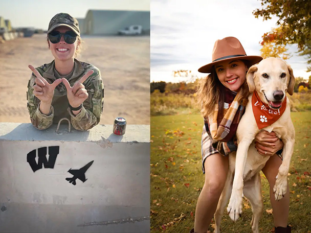 Side-by-side images of air force F-16 crew chief Abigail Lindsay overseas in uniform, and in civilian clothes posing with her dog.