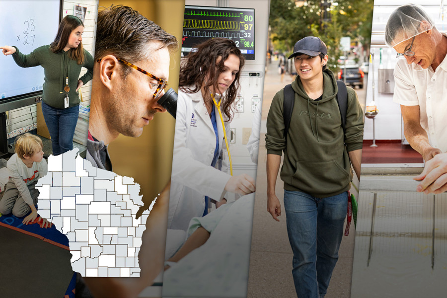 Series of five images, along with a county map of Wisconsin: teacher pointing to screen in elementary classroom; person looking through a microscope; a student performing a medical procedure; a student walking, and a person making cheese.