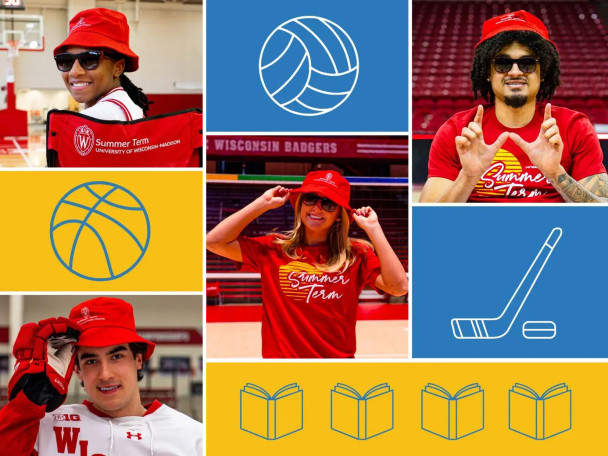 Student athletes who have taken summer courses at UW-Madison and icons of books and sports equipment