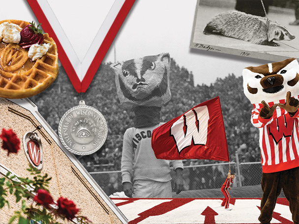 A collage of UW branded items including the Field House crest, Numen Lumen, Bucky Badger, an actual badger, a waffle with the crest on it, and the motion W.