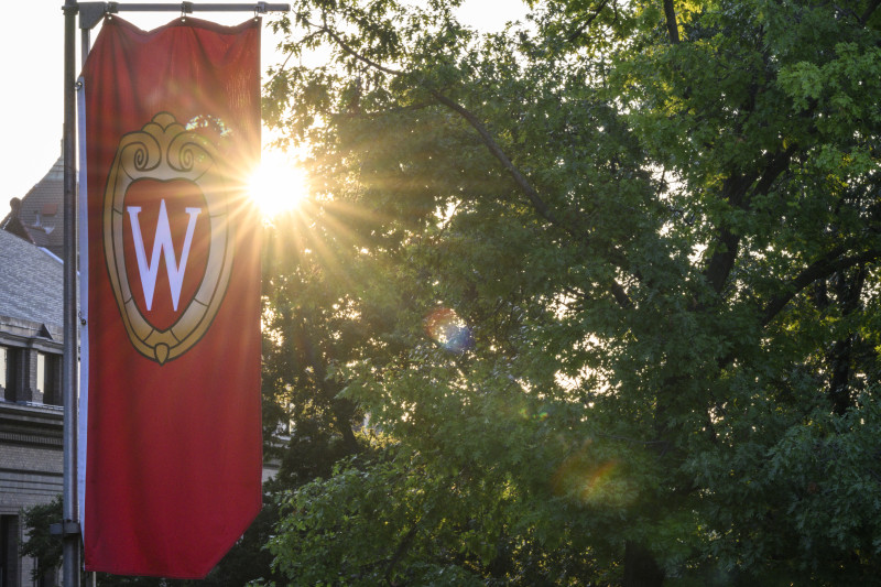 A bright sun shows through the trees next to a red UW–Madison banner.