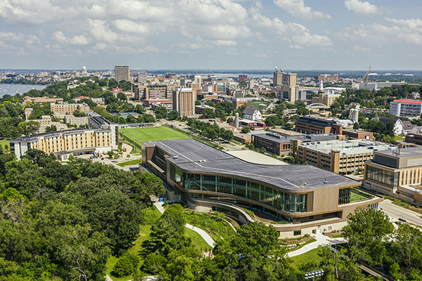 An aerial image shows buildings on the west side of the UW-Madison campus.
