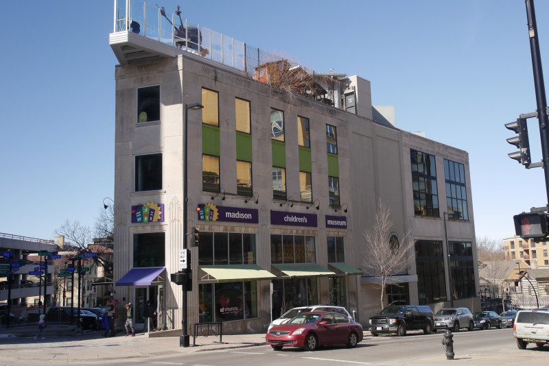 Exterior photo of the Madison Children’s Museum building from street view.