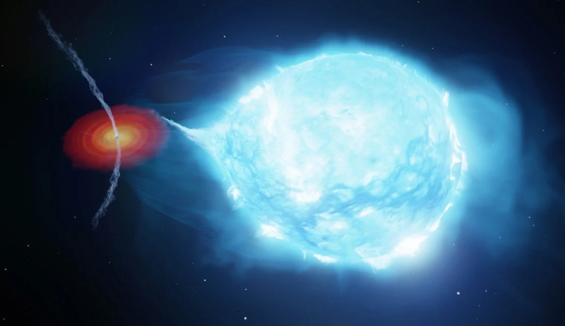 Illustration of a glowing blue and white orb streaming from a black hole.