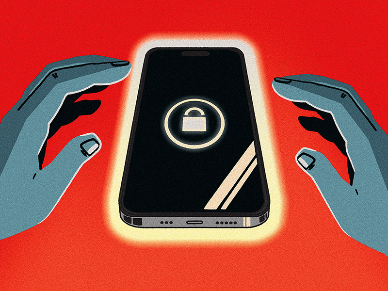 Illustration of a pair of blue hands reaching toward a smartphone displaying a glowing lock icon, set against a red background.