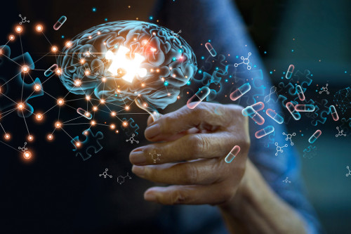 Photoillustration shows the hand of an elderly woman holding a glowing holograph of a brain