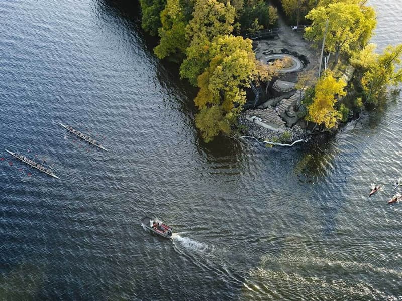 Aerial, birdseye view of Picnic Point with kayakers