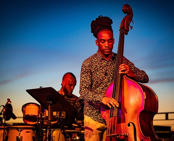 A musician plucks the strings of a standup bass outdoors with an evening sky in the background.